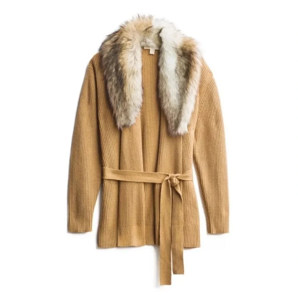 Michael Kors Camel Wrap Cardigan with Faux-Fur Shawl Collar